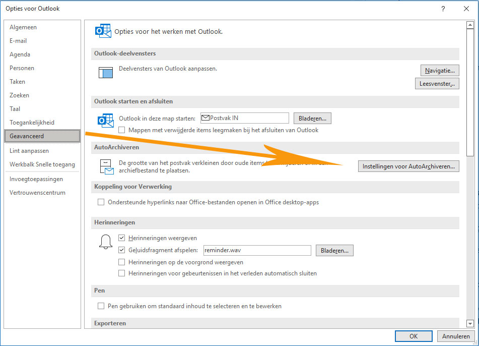instellingen voor autoarchiveren