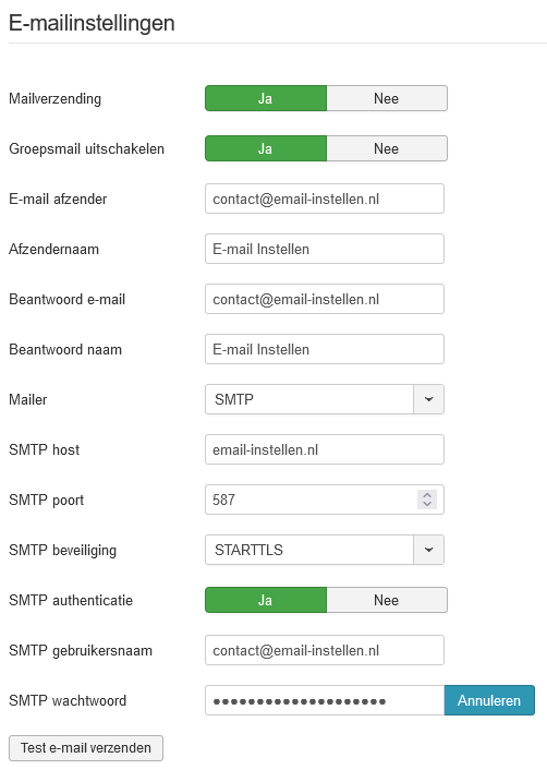 smtp settings joomla server