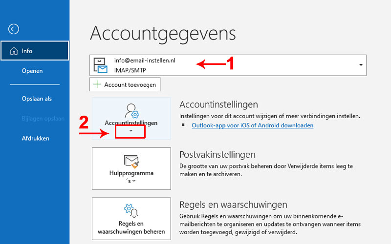 Selecteer in outlook het account waarvan je de instellingen wilt aanpassen