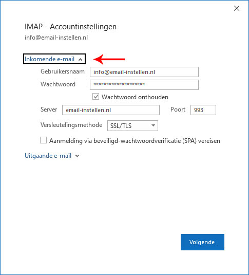 serverinstellingen wijzigen inkomende server