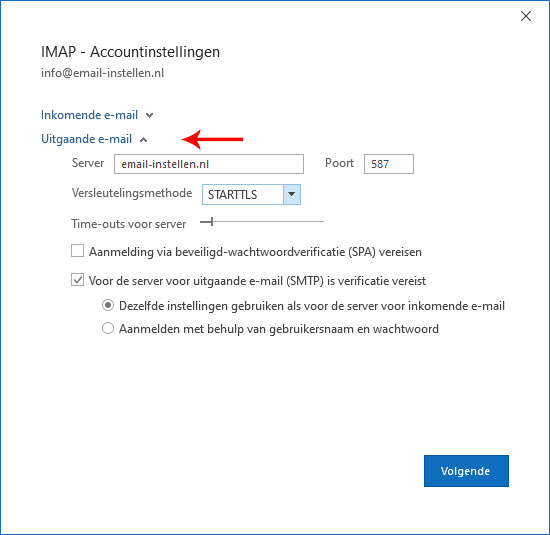 serverinstellingen wijzigen uitgaande server