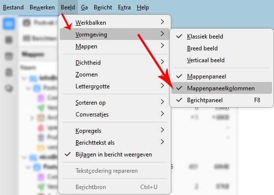 thunderbird folderruimte tonen in mappenkolom