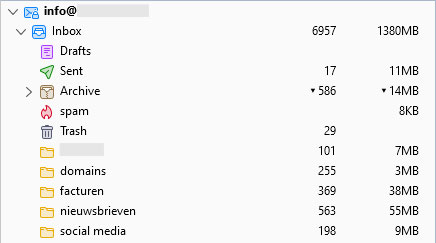 toont de thunderbird folderruimte en aantal mailtjes per account